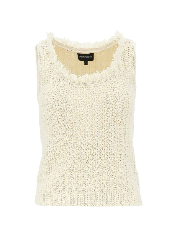 Emporio Armani Luxurious Designer Cotton Blend Tank Top for Women with Vanilla Fringed Trim
