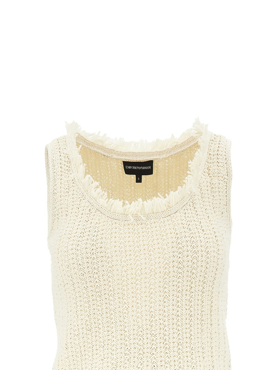 Emporio Armani Luxurious Designer Cotton Blend Tank Top for Women with Vanilla Fringed Trim