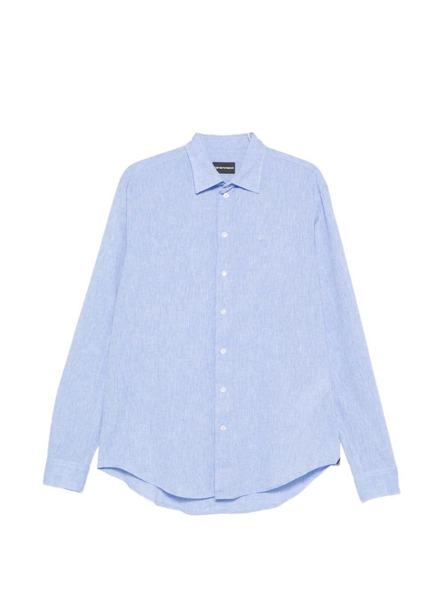 Emporio Armani Linen Blend Shirt For Men, Breathable Light Blue, Modern Silhouette, Smart Casual