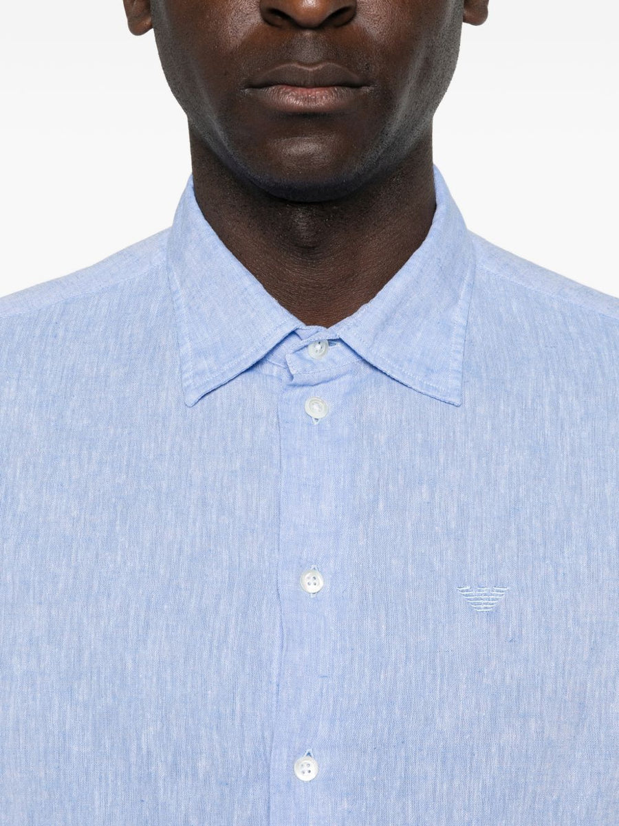 Emporio Armani Linen Blend Shirt For Men, Breathable Light Blue, Modern Silhouette, Smart Casual