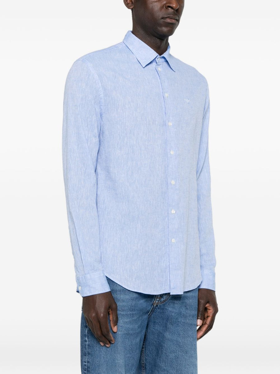 Emporio Armani Linen Blend Shirt For Men, Breathable Light Blue, Modern Silhouette, Smart Casual