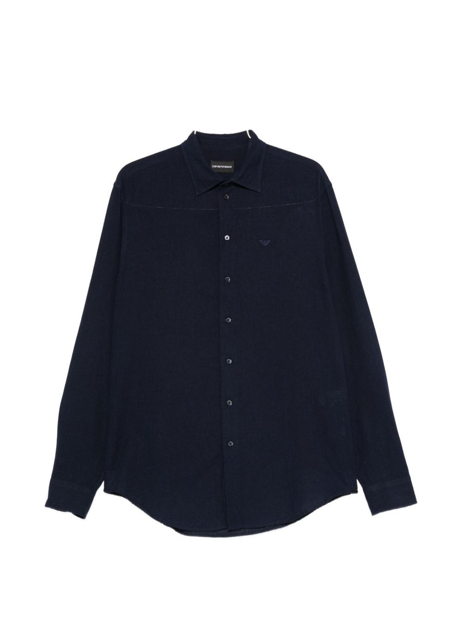 Emporio Armani Linen Blend Shirt Navy With Blue Logo Detail Button Front For Modern Men