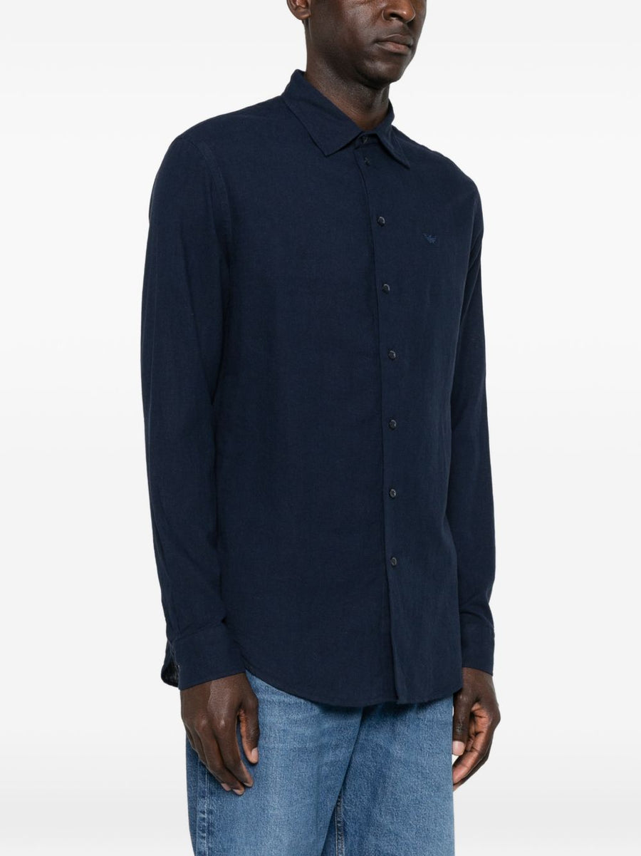 Emporio Armani Linen Blend Shirt Navy With Blue Logo Detail Button Front For Modern Men
