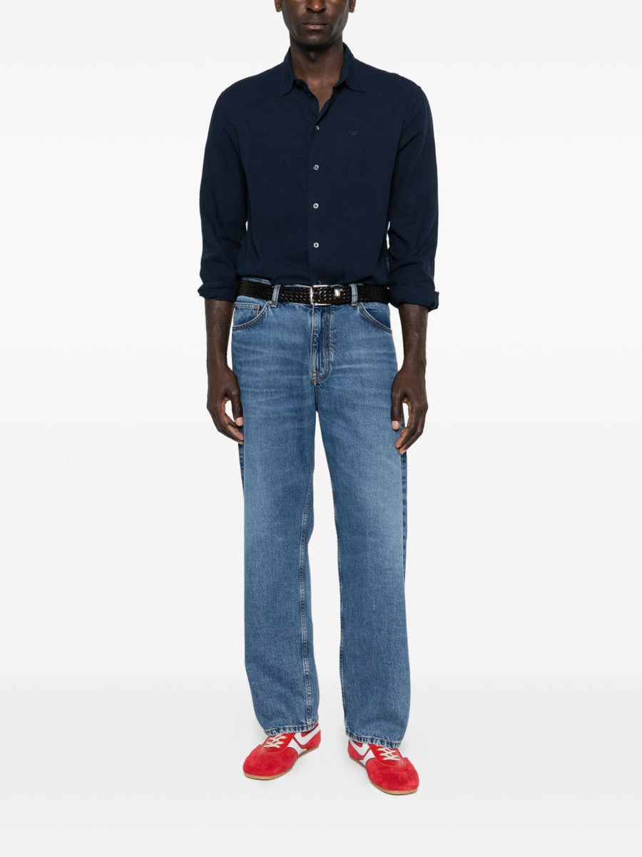 Emporio Armani Linen Blend Shirt Navy With Blue Logo Detail Button Front For Modern Men