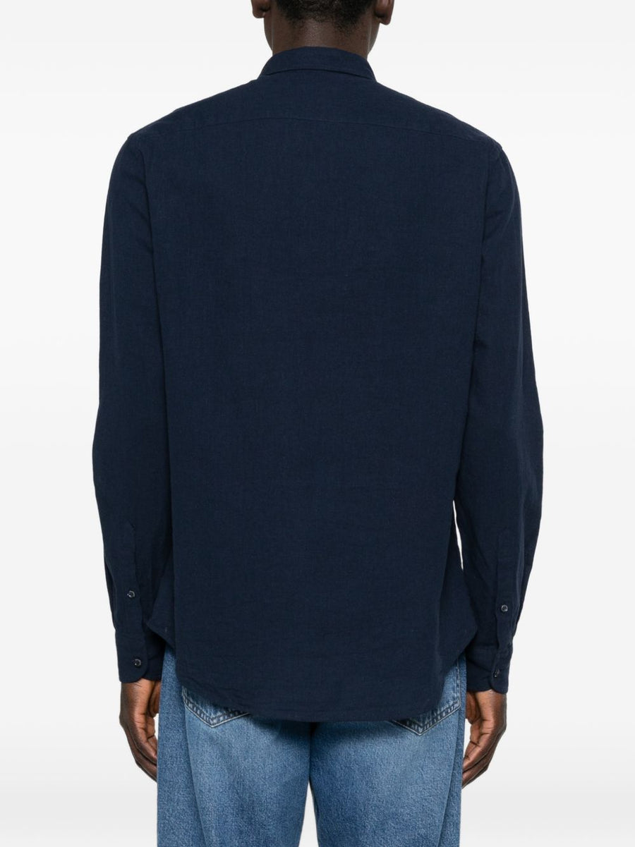 Emporio Armani Linen Blend Shirt Navy With Blue Logo Detail Button Front For Modern Men