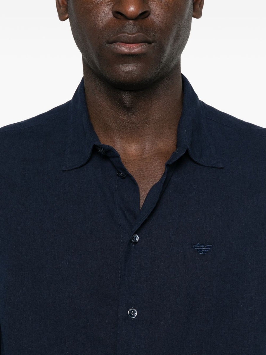 Emporio Armani Linen Blend Shirt Navy With Blue Logo Detail Button Front For Modern Men
