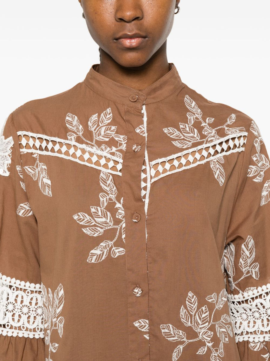 BYE Printed Cotton Dress For Women Camel With Floral Lace Trim Front Button Fastening Breathable Summer Style