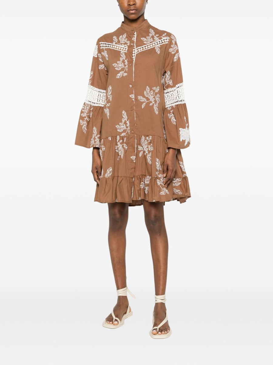 BYE Printed Cotton Dress For Women Camel With Floral Lace Trim Front Button Fastening Breathable Summer Style