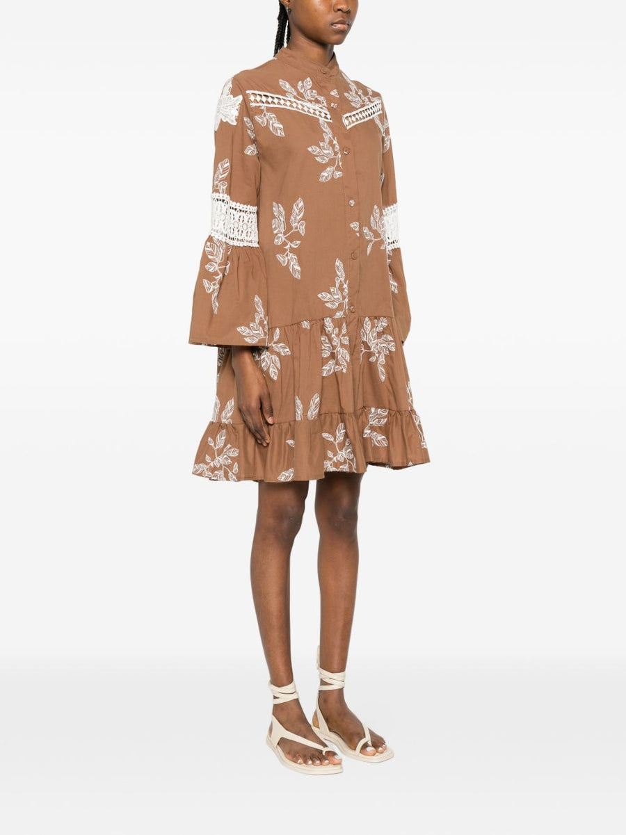 BYE Printed Cotton Dress For Women Camel With Floral Lace Trim Front Button Fastening Breathable Summer Style