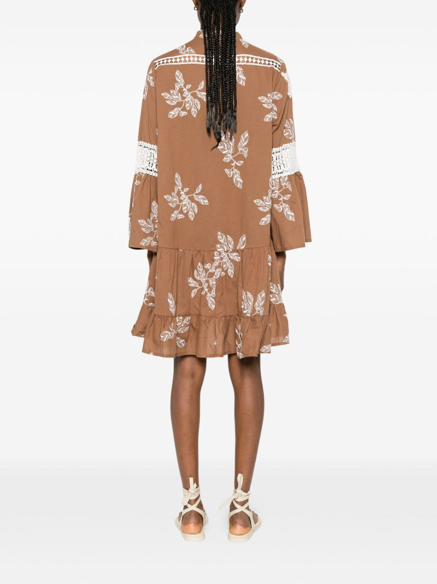 BYE Printed Cotton Dress For Women Camel With Floral Lace Trim Front Button Fastening Breathable Summer Style