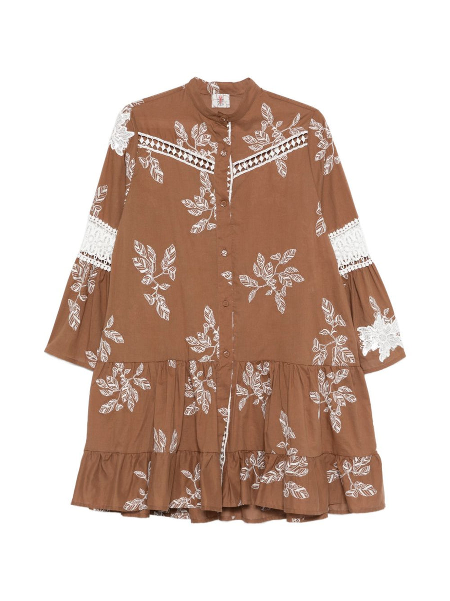 BYE Printed Cotton Dress For Women Camel With Floral Lace Trim Front Button Fastening Breathable Summer Style