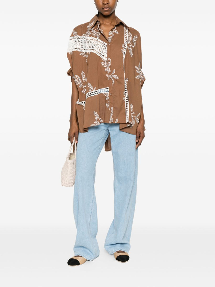 BYE Printed Cotton Shirt For Women Camel Color With Brown Floral Print Lace Details Tiered Silhouette