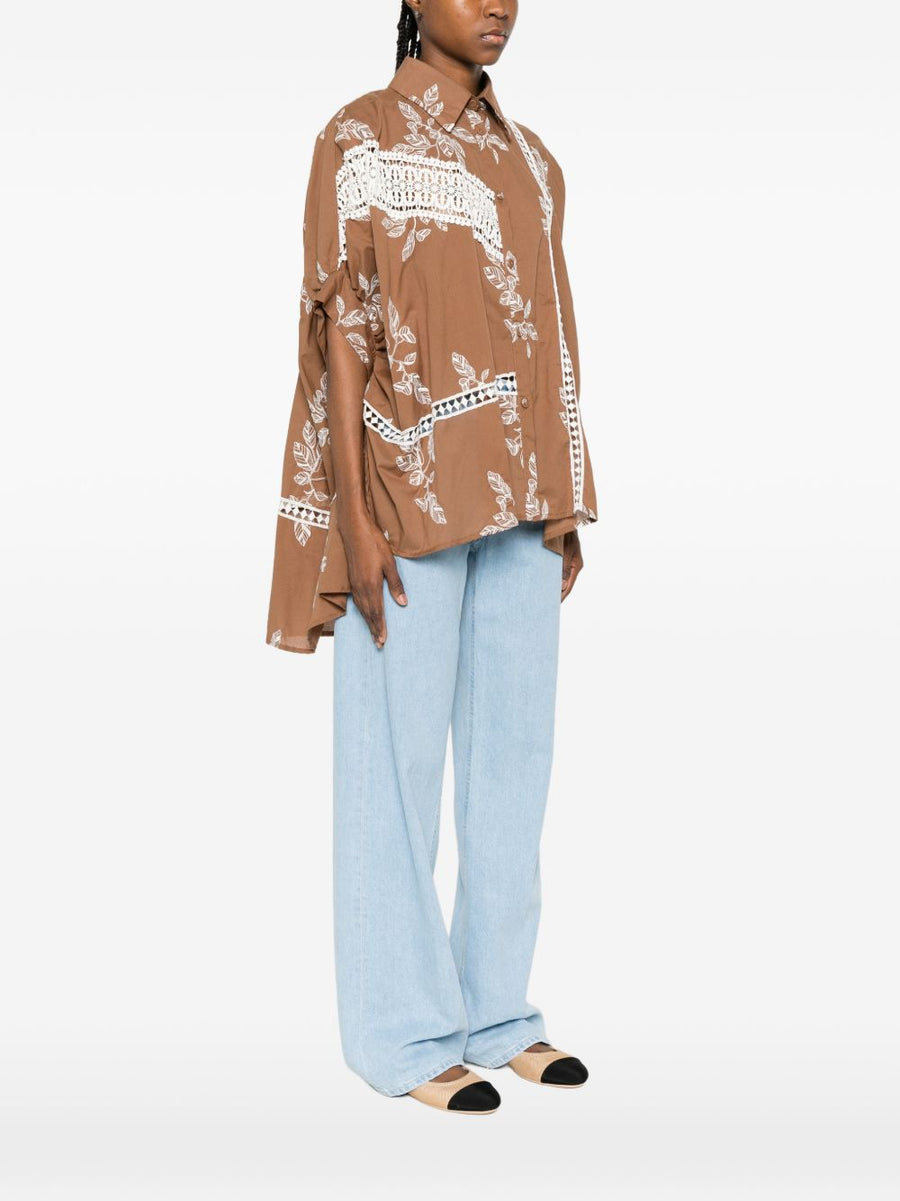 BYE Printed Cotton Shirt For Women Camel Color With Brown Floral Print Lace Details Tiered Silhouette
