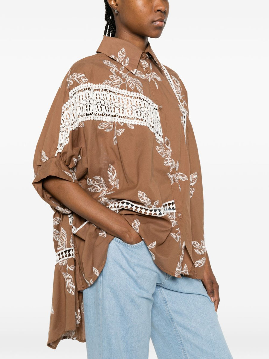 BYE Printed Cotton Shirt For Women Camel Color With Brown Floral Print Lace Details Tiered Silhouette