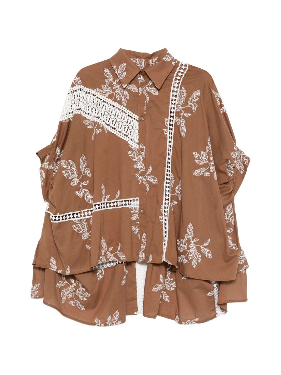 BYE Printed Cotton Shirt For Women Camel Color With Brown Floral Print Lace Details Tiered Silhouette