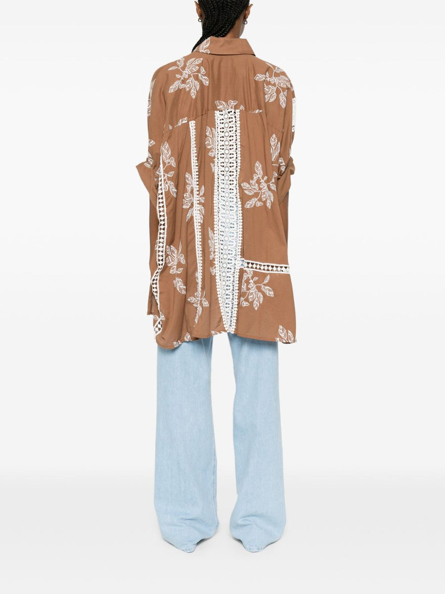BYE Printed Cotton Shirt For Women Camel Color With Brown Floral Print Lace Details Tiered Silhouette