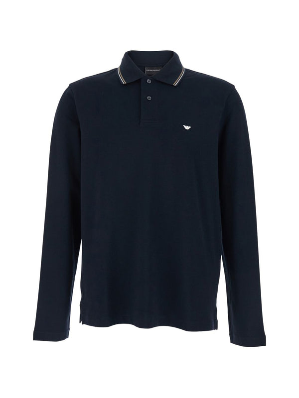 Emporio Armani Logo Cotton Polo Shirt Navy For Men Long Sleeve Standard Fit Luxury Casual