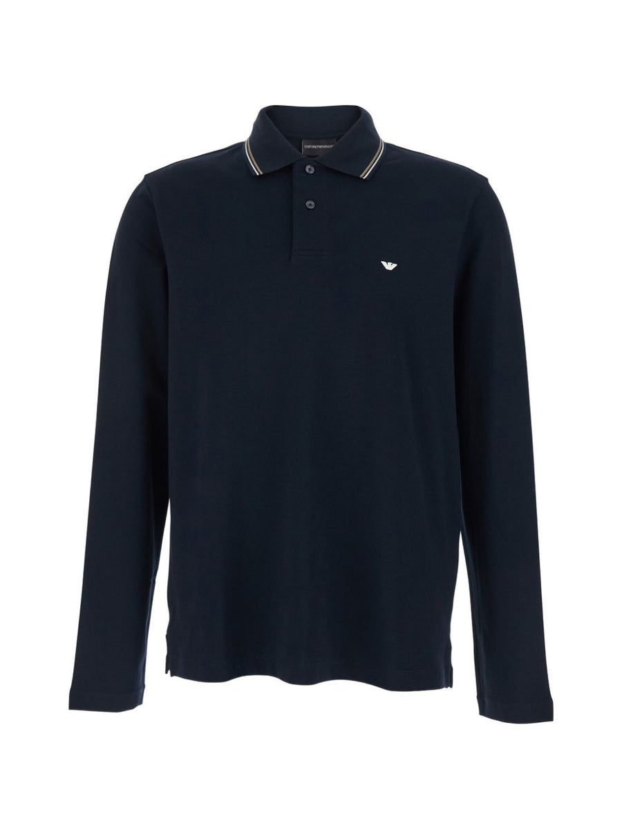 Emporio Armani Logo Cotton Polo Shirt Navy For Men Long Sleeve Standard Fit Luxury Casual