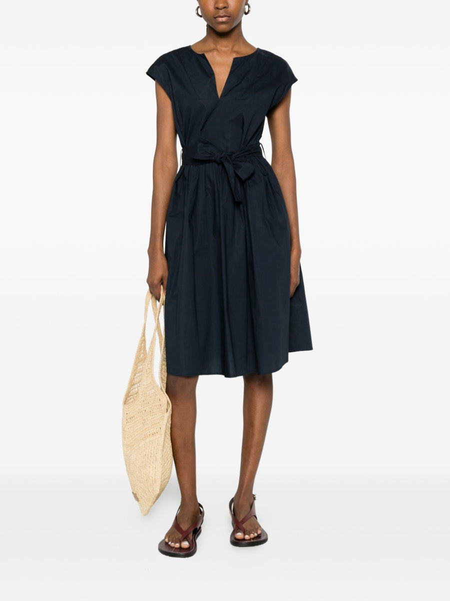 Woolrich Cotton Short Dress Navy With Tie Waist Pockets For Women Breathable Everyday Summer
