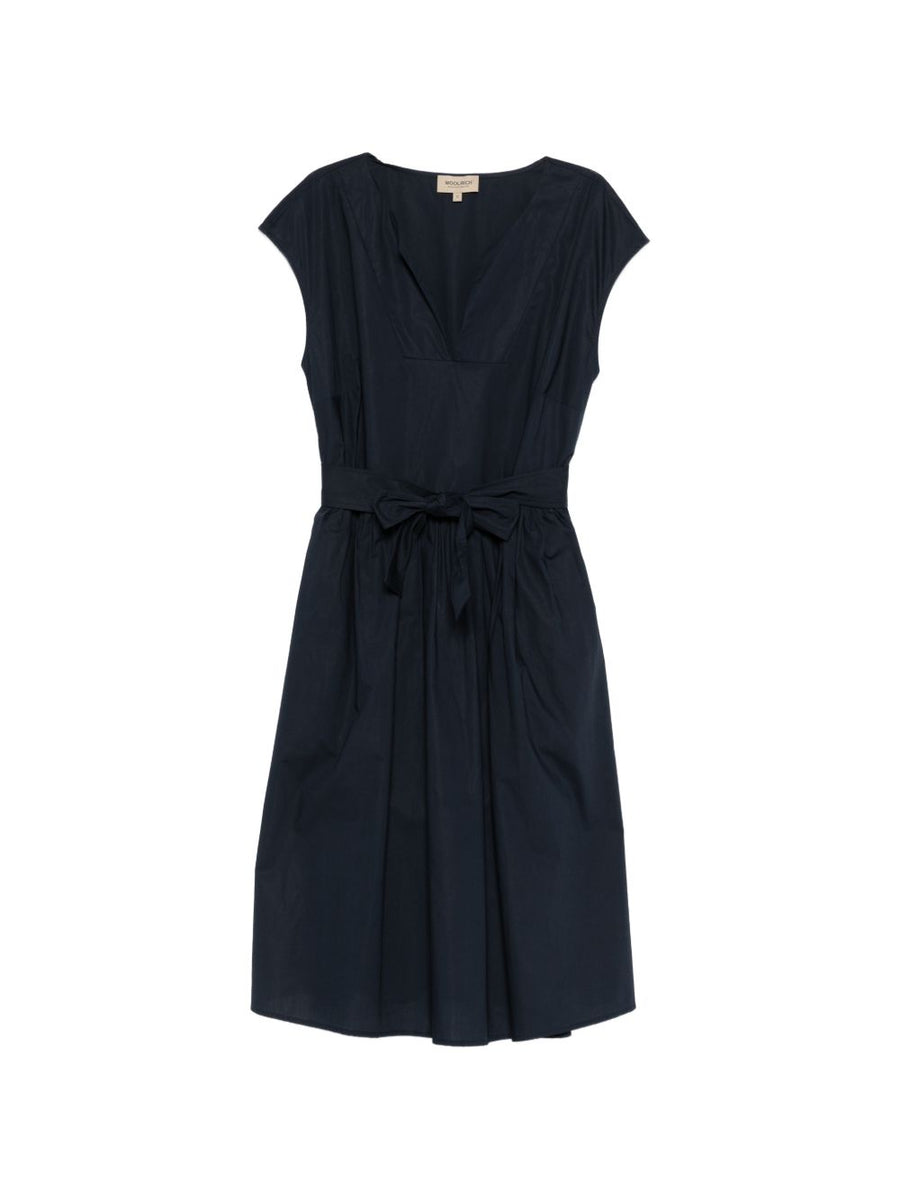 Woolrich Cotton Short Dress Navy With Tie Waist Pockets For Women Breathable Everyday Summer