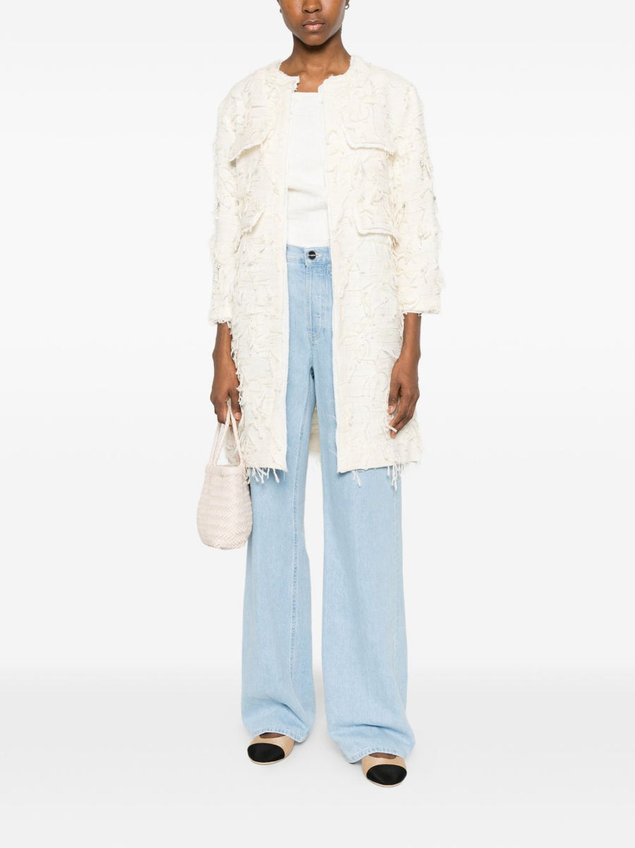 Bye Ivory Cotton Blend Caban Coat For Women With Frayed Edges No Fastening