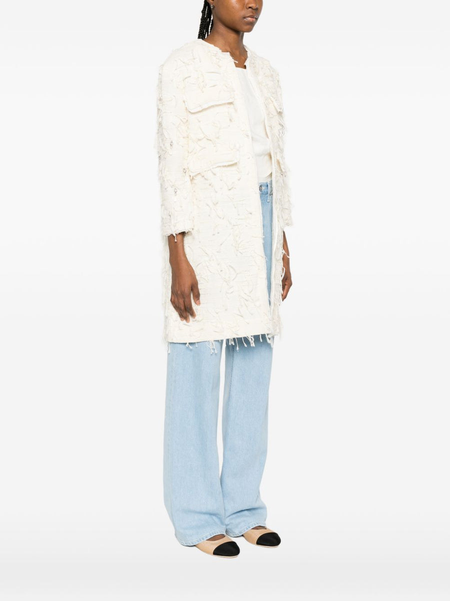 Bye Ivory Cotton Blend Caban Coat For Women With Frayed Edges No Fastening
