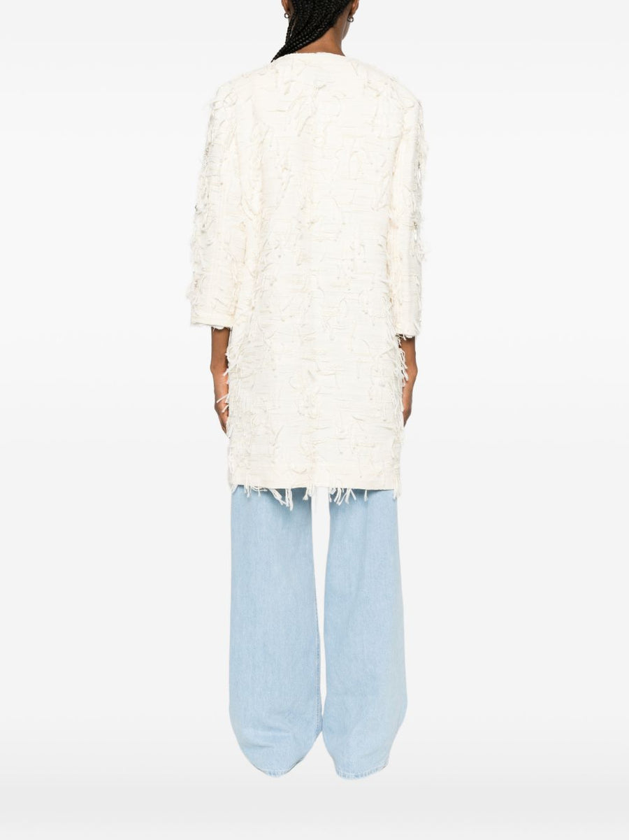 Bye Ivory Cotton Blend Caban Coat For Women With Frayed Edges No Fastening