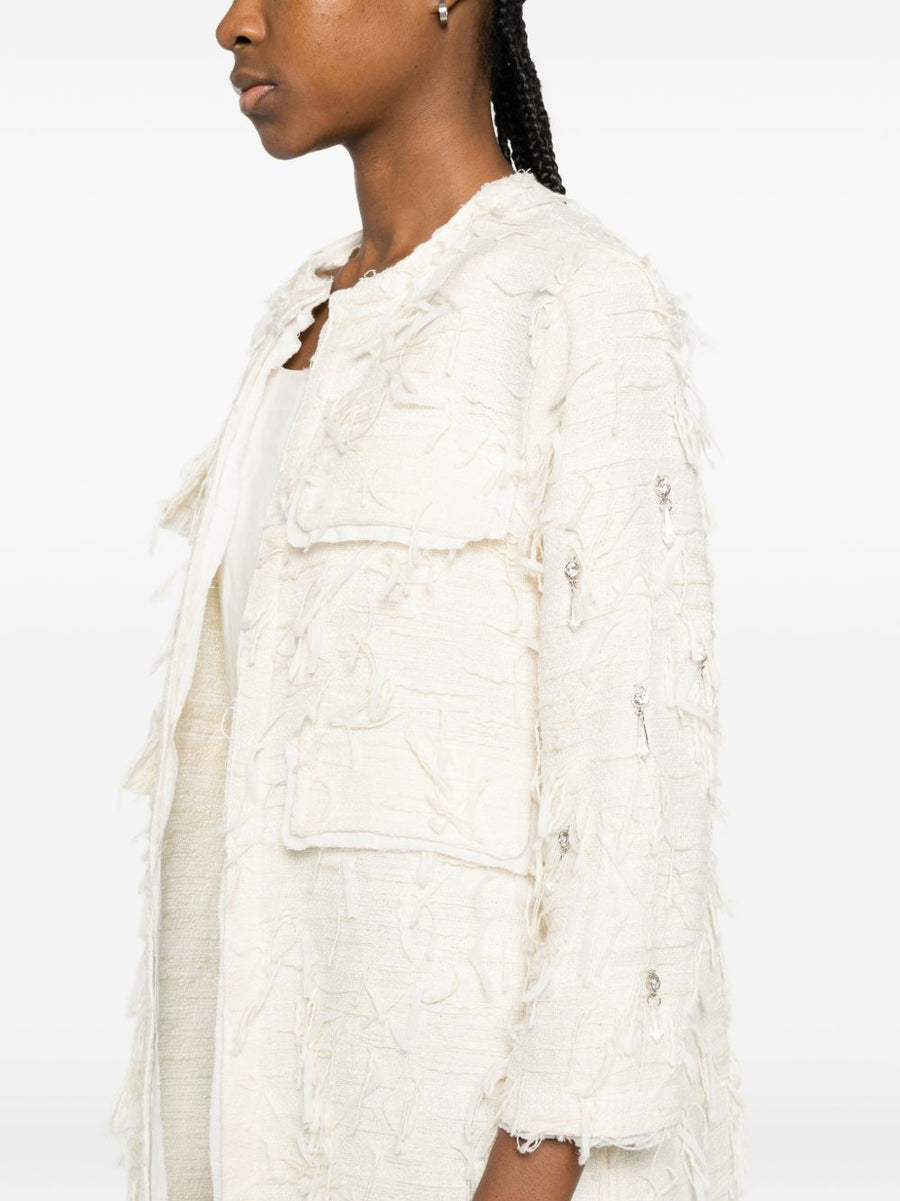 Bye Ivory Cotton Blend Caban Coat For Women With Frayed Edges No Fastening