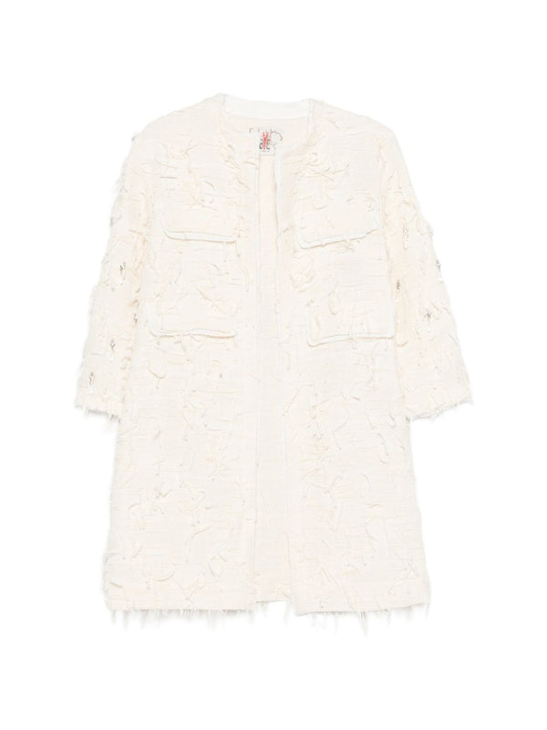 Bye Ivory Cotton Blend Caban Coat For Women With Frayed Edges No Fastening