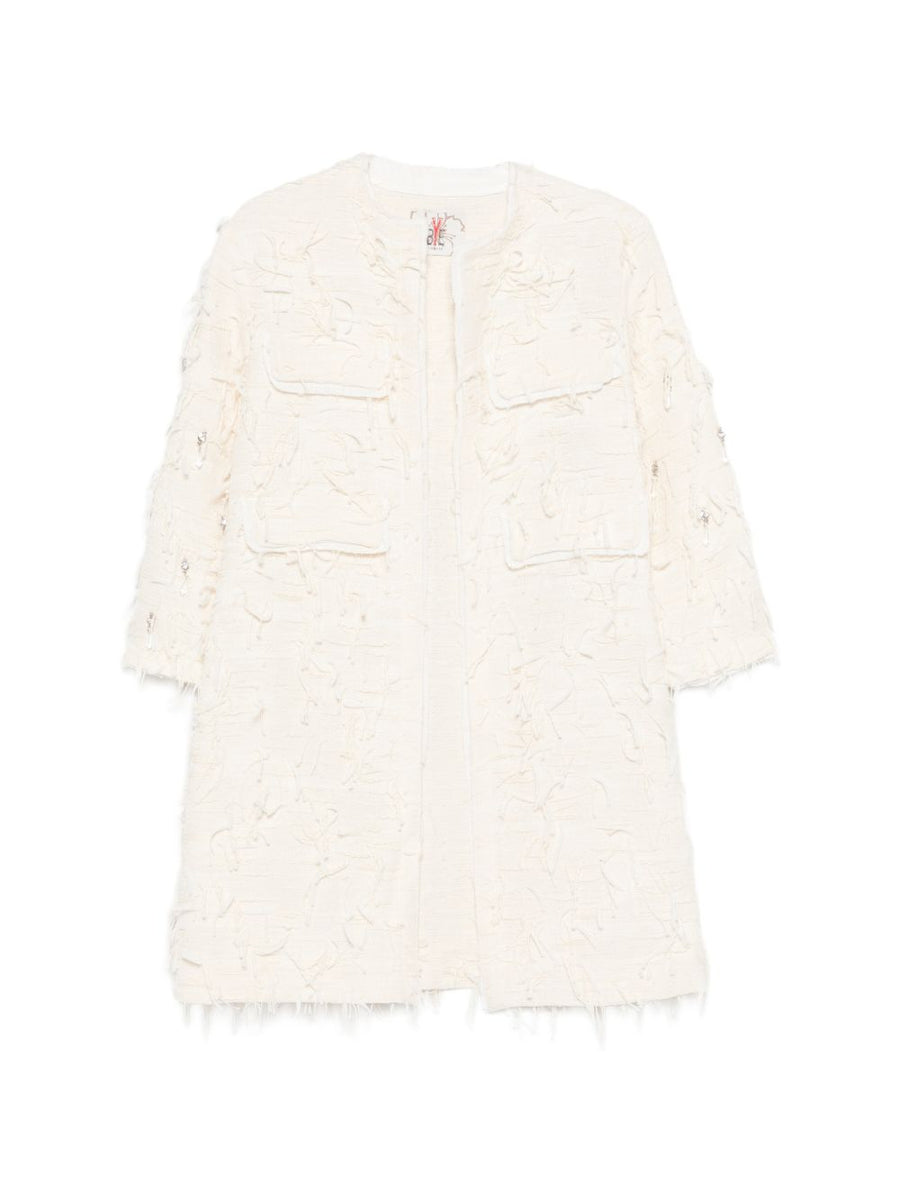 Bye Ivory Cotton Blend Caban Coat For Women With Frayed Edges No Fastening