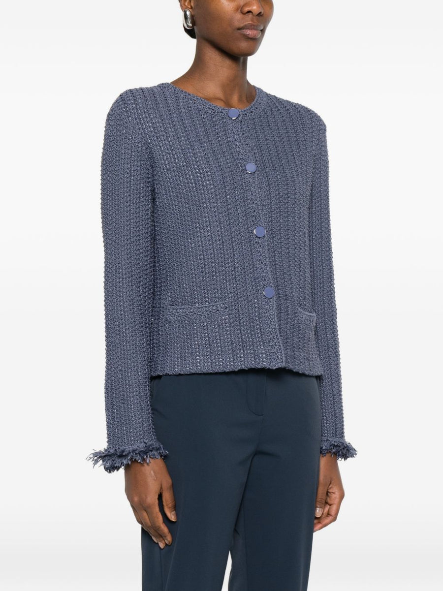 Emporio Armani Navy Cotton Blend Blazer Jacket For Women Tailored Office Wear Fringed Trim