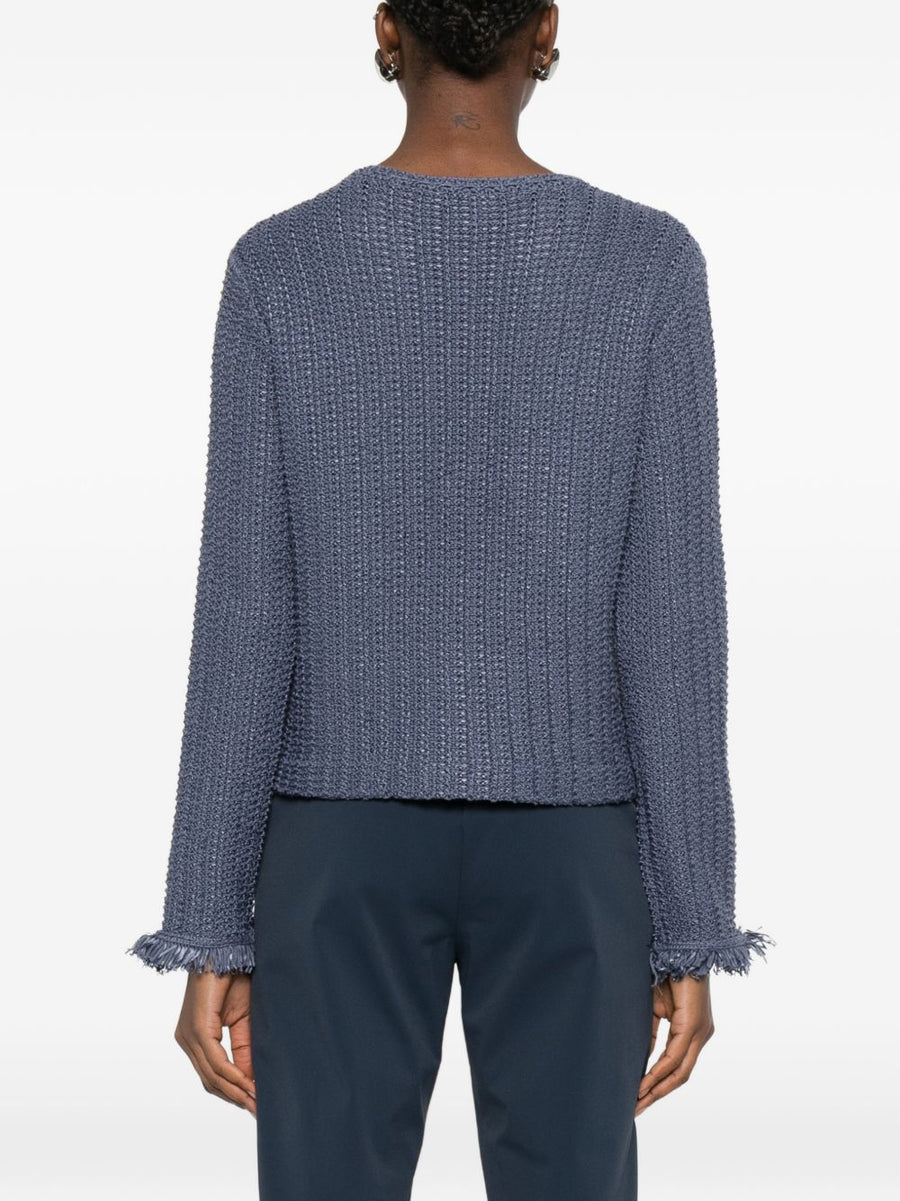 Emporio Armani Navy Cotton Blend Blazer Jacket For Women Tailored Office Wear Fringed Trim