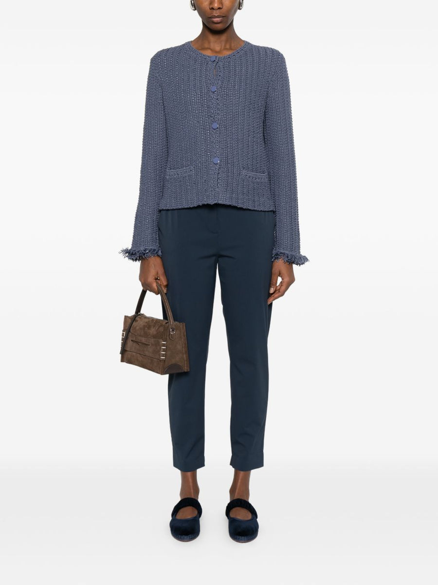 Emporio Armani Navy Cotton Blend Blazer Jacket For Women Tailored Office Wear Fringed Trim