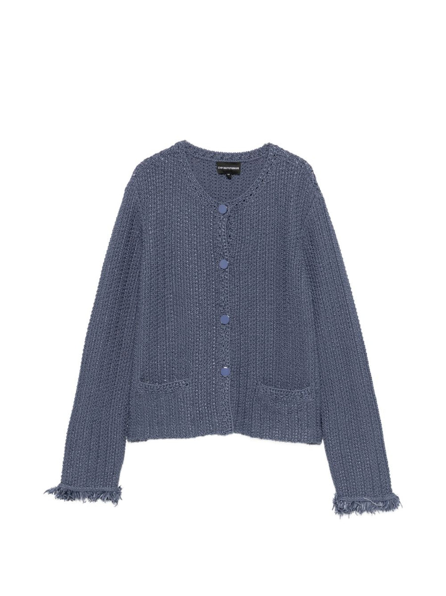 Emporio Armani Navy Cotton Blend Blazer Jacket For Women Tailored Office Wear Fringed Trim
