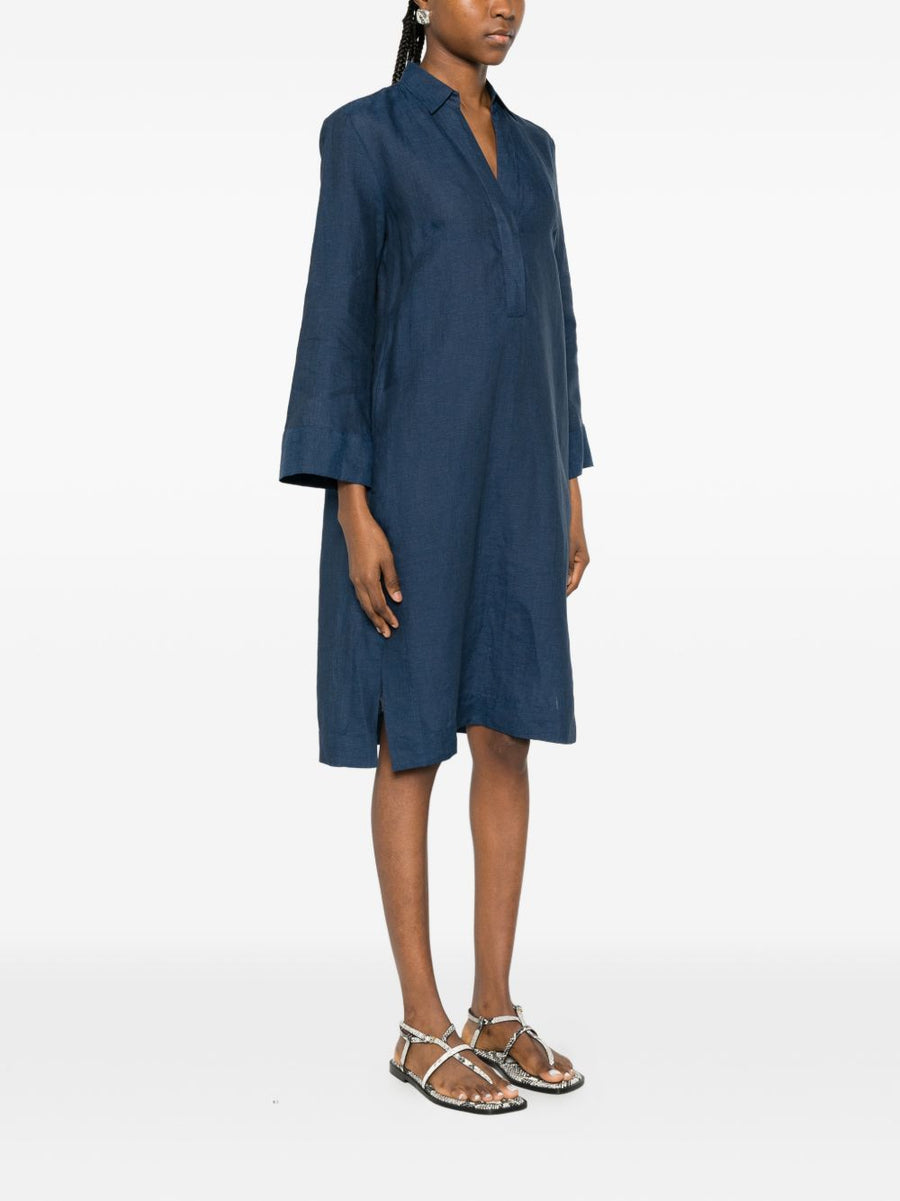 Archivio '67 Navy Linen Chemisier Dress For Women Featuring V-Neck And Side Slits Breathable Lightweight Summer Fashion