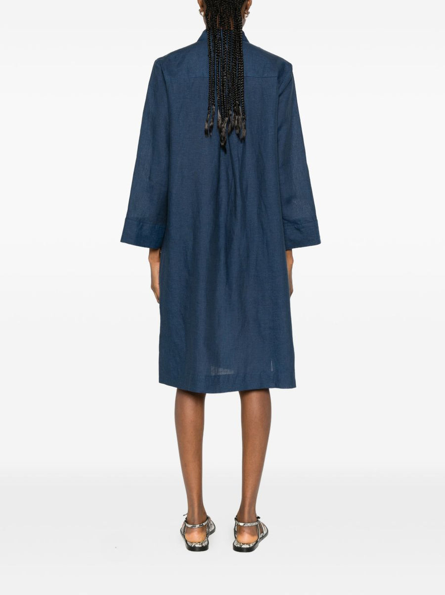 Archivio '67 Navy Linen Chemisier Dress For Women Featuring V-Neck And Side Slits Breathable Lightweight Summer Fashion