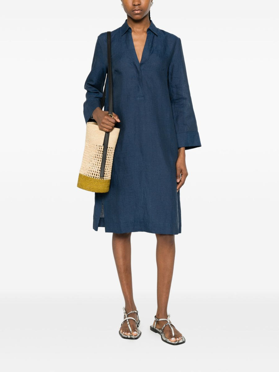 Archivio '67 Navy Linen Chemisier Dress For Women Featuring V-Neck And Side Slits Breathable Lightweight Summer Fashion