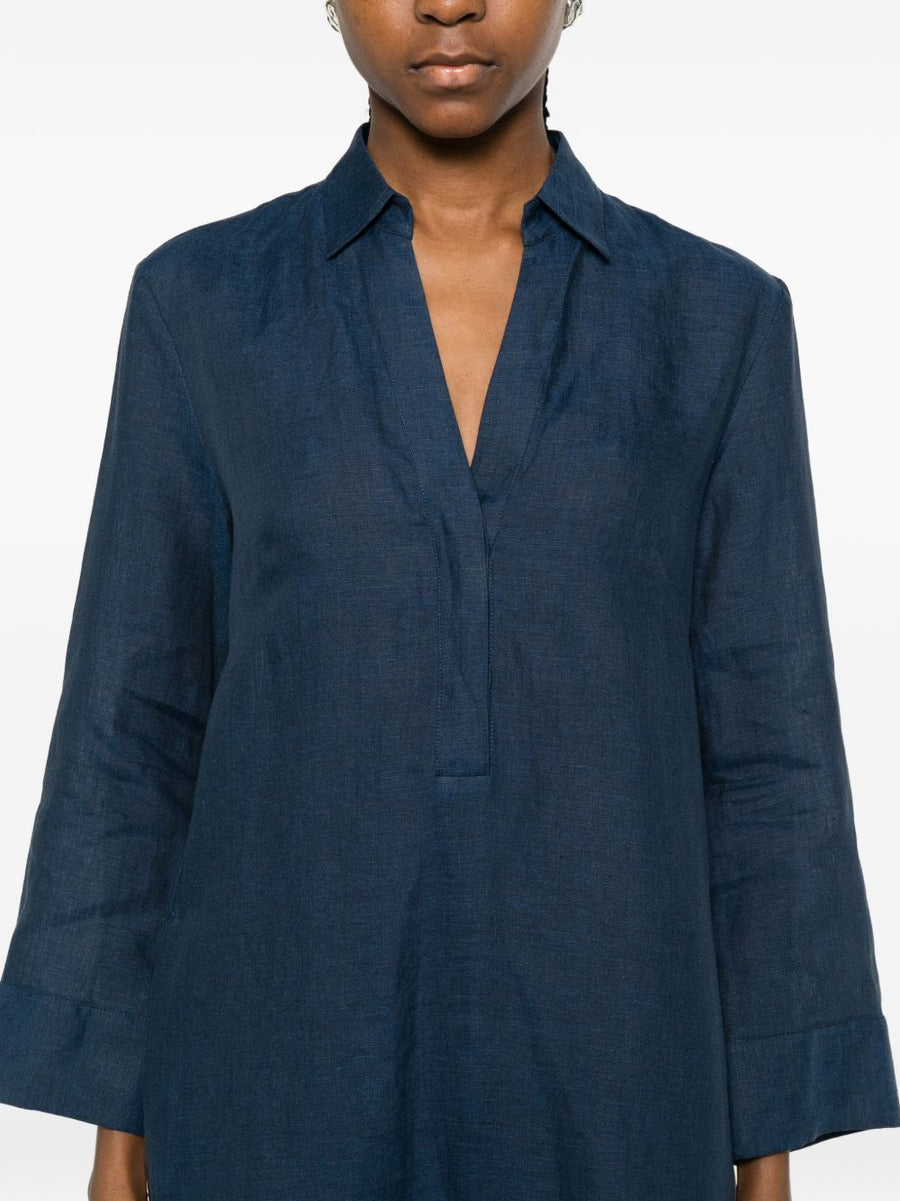 Archivio '67 Navy Linen Chemisier Dress For Women Featuring V-Neck And Side Slits Breathable Lightweight Summer Fashion