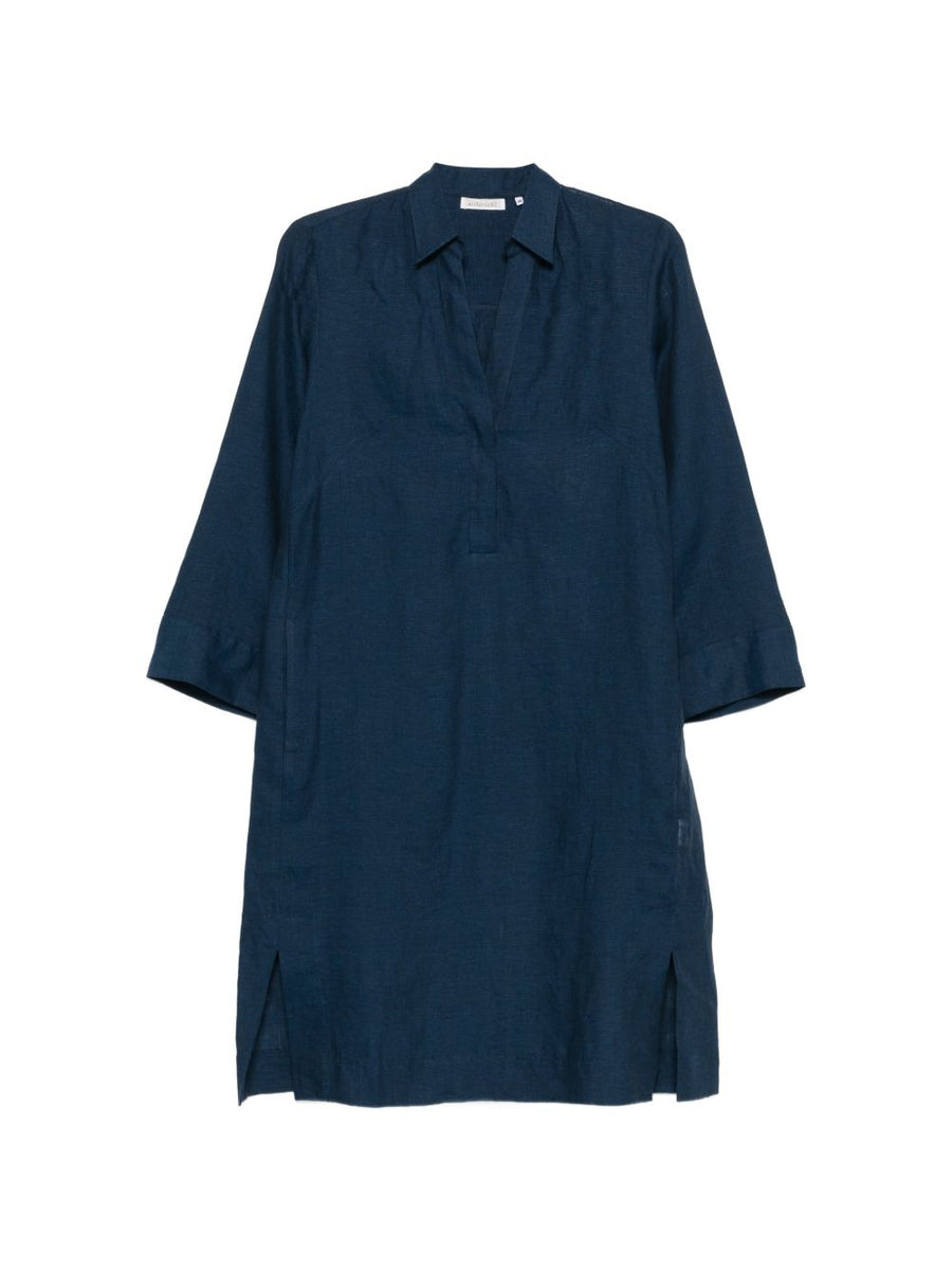 Archivio '67 Navy Linen Chemisier Dress For Women Featuring V-Neck And Side Slits Breathable Lightweight Summer Fashion