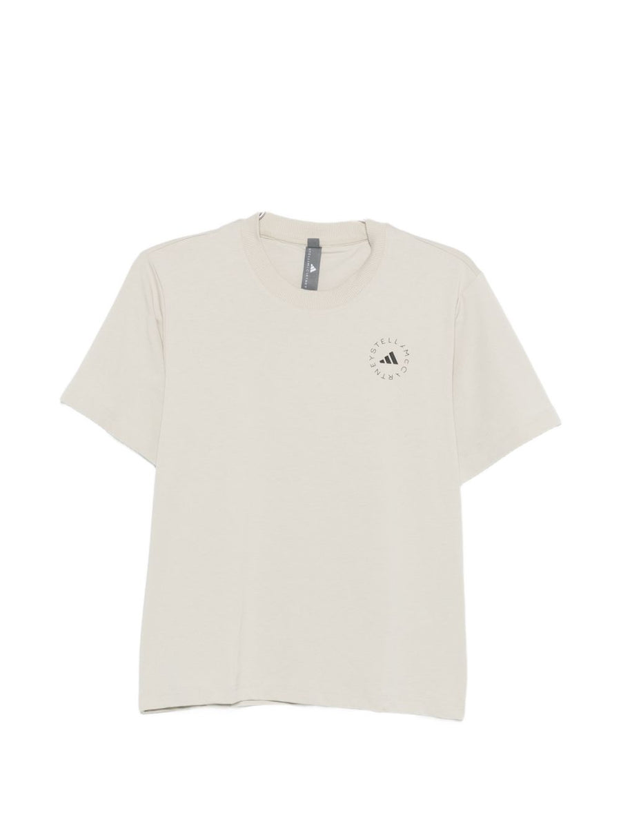 Adidas By Stella McCartney Logo T Shirt for Women Beige Recycled Polyester Round Neck Everyday Wear