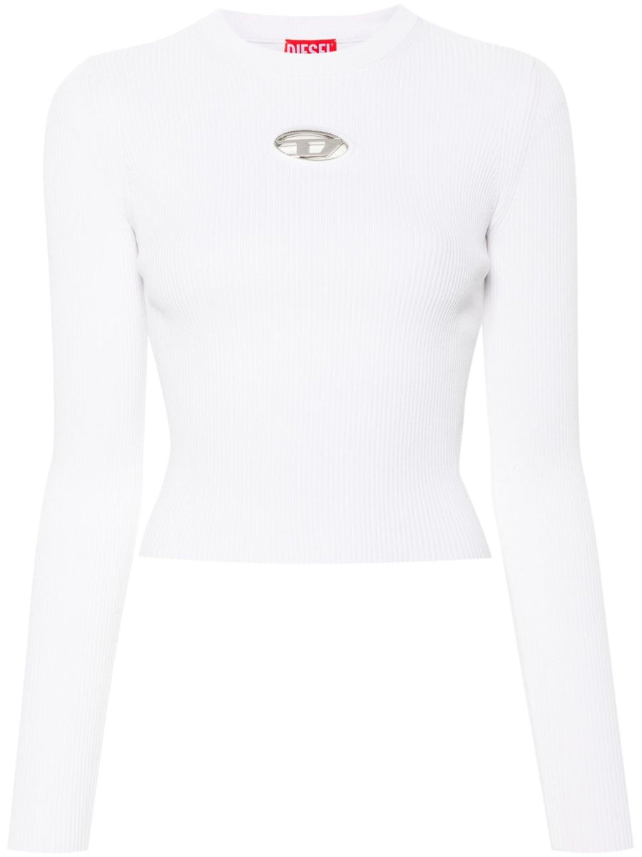 Diesel Logo Cropped Top Women White Fine Rib Knit With Oval D Plaque For Everyday Style