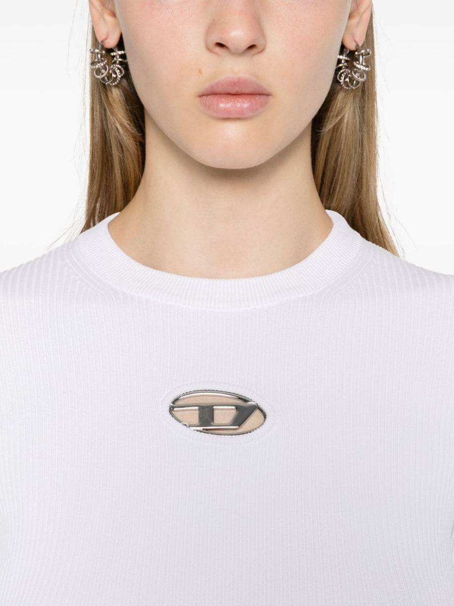 Diesel Logo Cropped Top Women White Fine Rib Knit With Oval D Plaque For Everyday Style