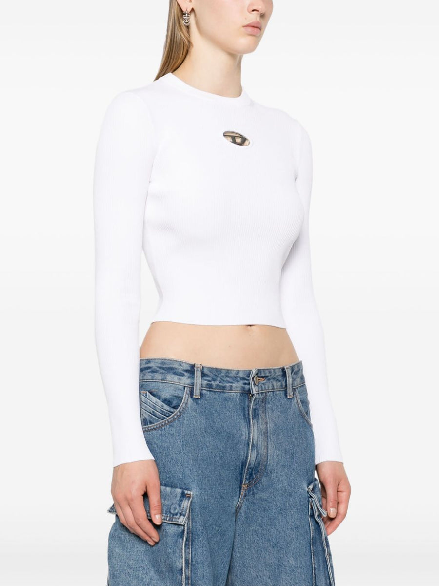 Diesel Logo Cropped Top Women White Fine Rib Knit With Oval D Plaque For Everyday Style