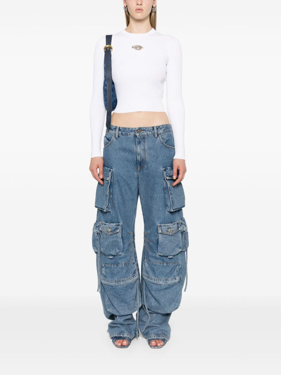 Diesel Logo Cropped Top Women White Fine Rib Knit With Oval D Plaque For Everyday Style
