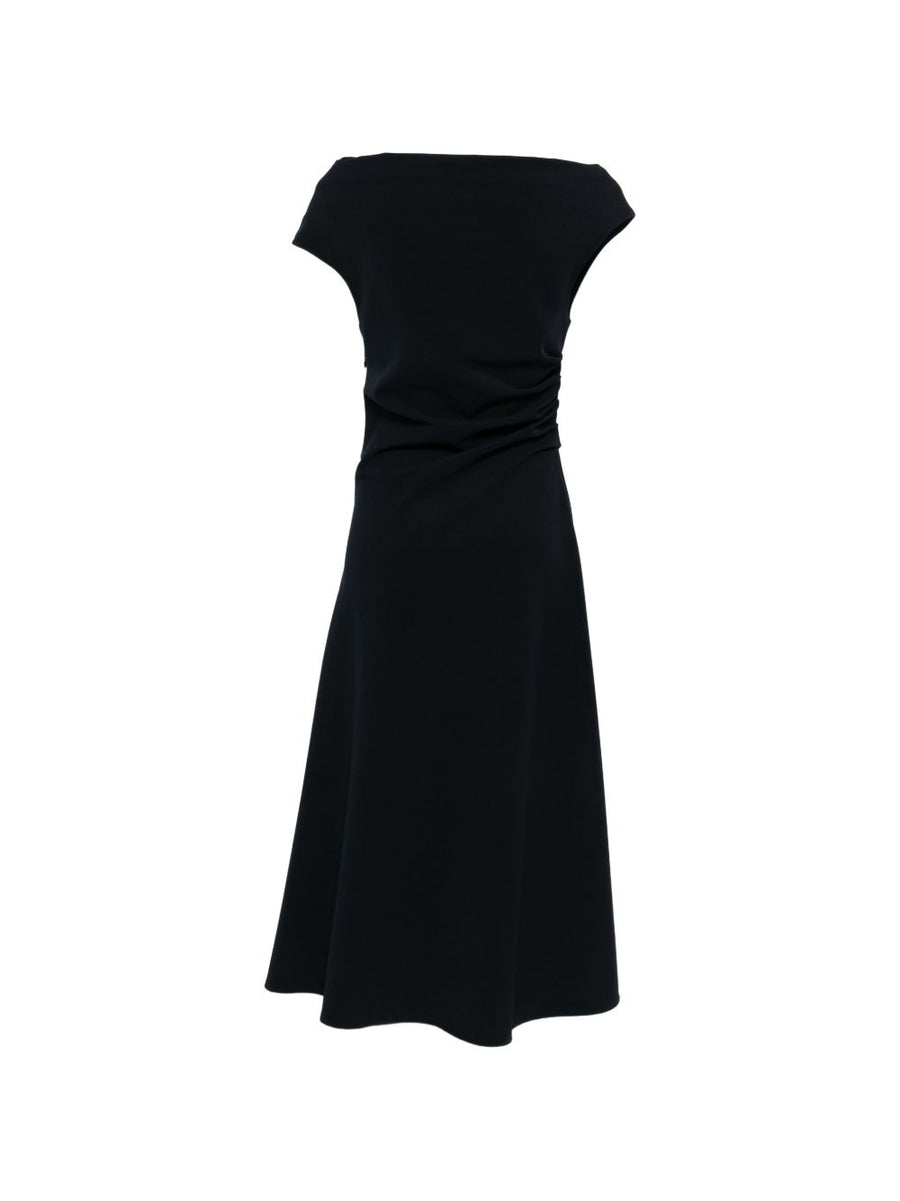 Parosh Navy Midi Dress With Draped Detail Boat Neck For Women Luxurious Chic Modern