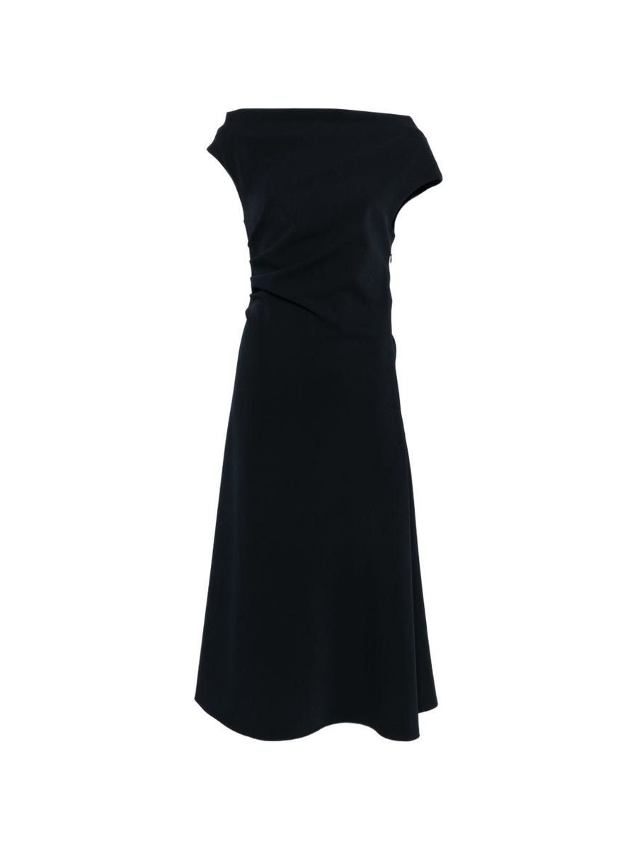 Parosh Navy Midi Dress With Draped Detail Boat Neck For Women Luxurious Chic Modern