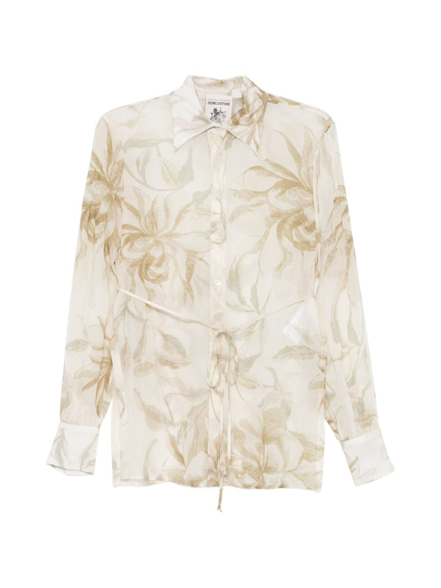 Semicouture Juana Floral Printed Shirt For Women Beige Viscose Tie Waist Office Ready