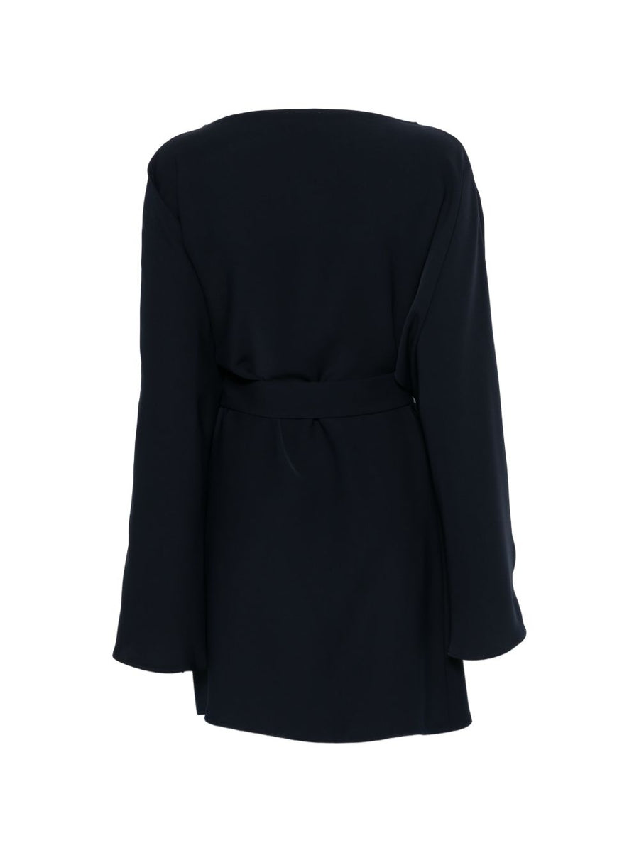 Parosh Navy Short Dress With Belted Waist And Boat Neck For Modern Women Day To Night Versatile