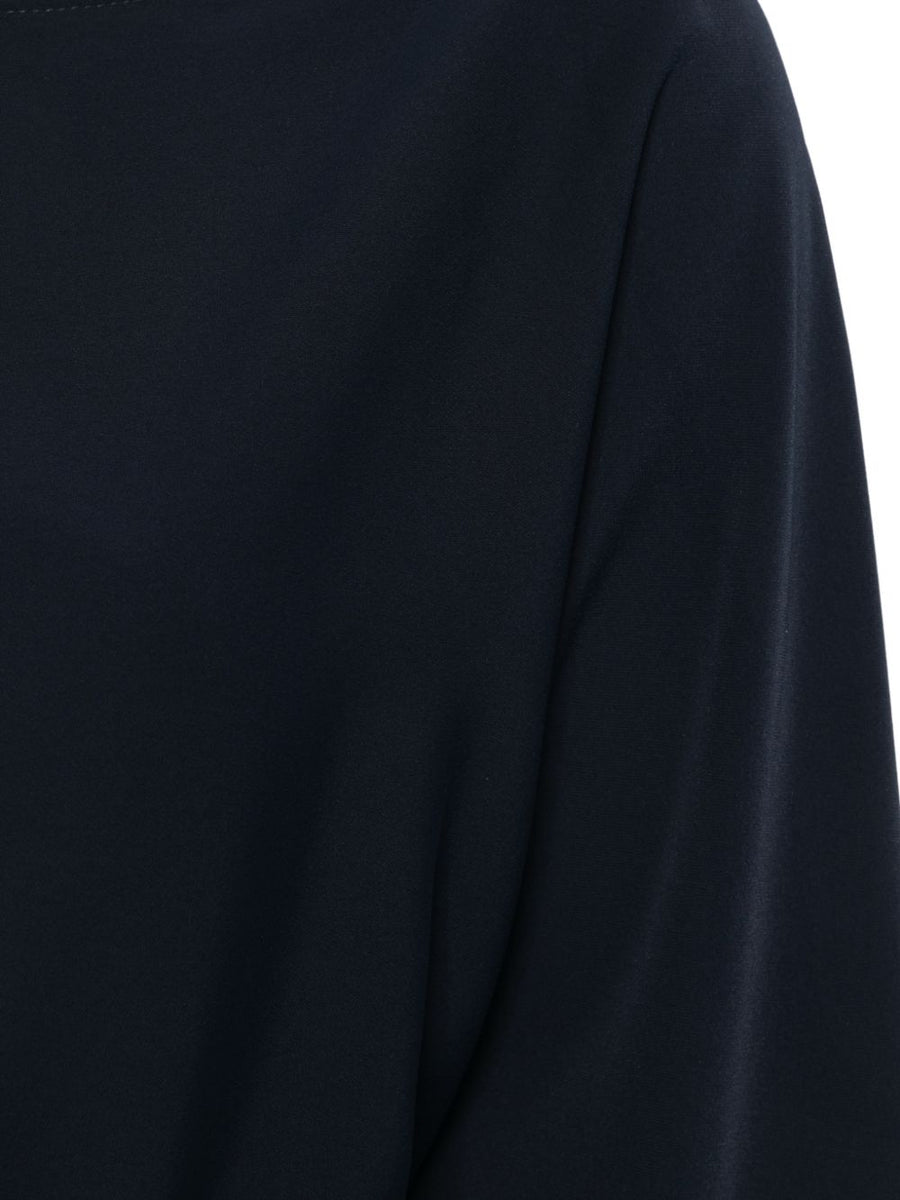 Parosh Navy Short Dress With Belted Waist And Boat Neck For Modern Women Day To Night Versatile
