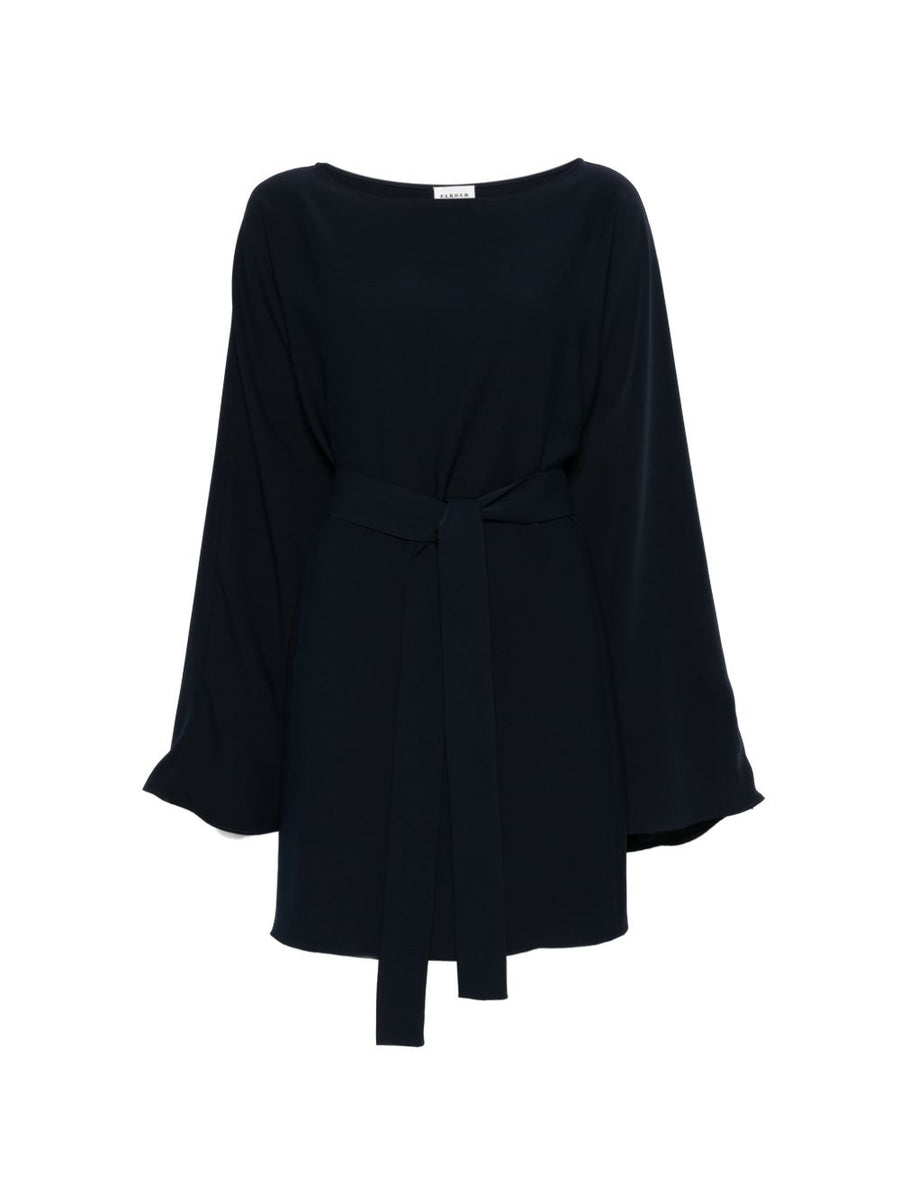 Parosh Navy Short Dress With Belted Waist And Boat Neck For Modern Women Day To Night Versatile